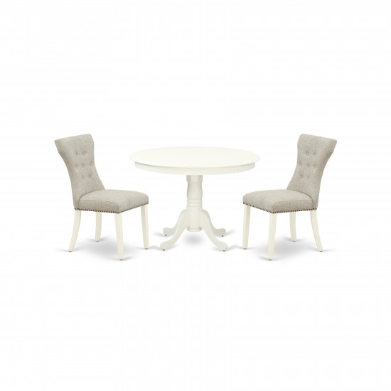 3-Pc Kitchen Dinette Set, Pedestal Dining Table, 2 Dining Chairs, Doeskin Dining Chairs Seat, Rubber Wood Legs, Linen White