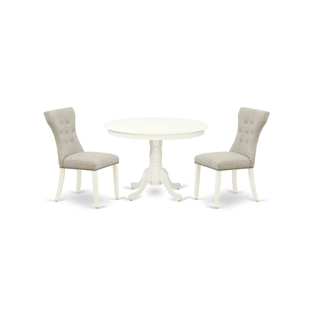 3-Pc Kitchen Dinette Set, Pedestal Dining Table, 2 Dining Chairs, Doeskin Dining Chairs Seat, Rubber Wood Legs, Linen White