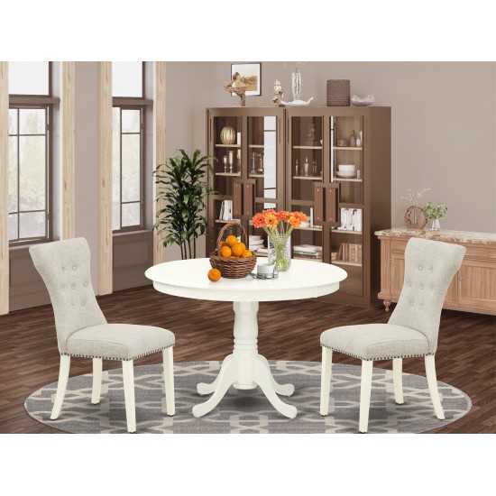 3-Pc Kitchen Dinette Set, Pedestal Dining Table, 2 Dining Chairs, Doeskin Dining Chairs Seat, Rubber Wood Legs, Linen White