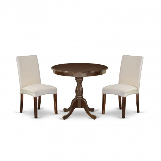 3 Pc Dining Set, 1 Wooden Table, 2 Cream Padded Chair, High Back, Mahogany Finish