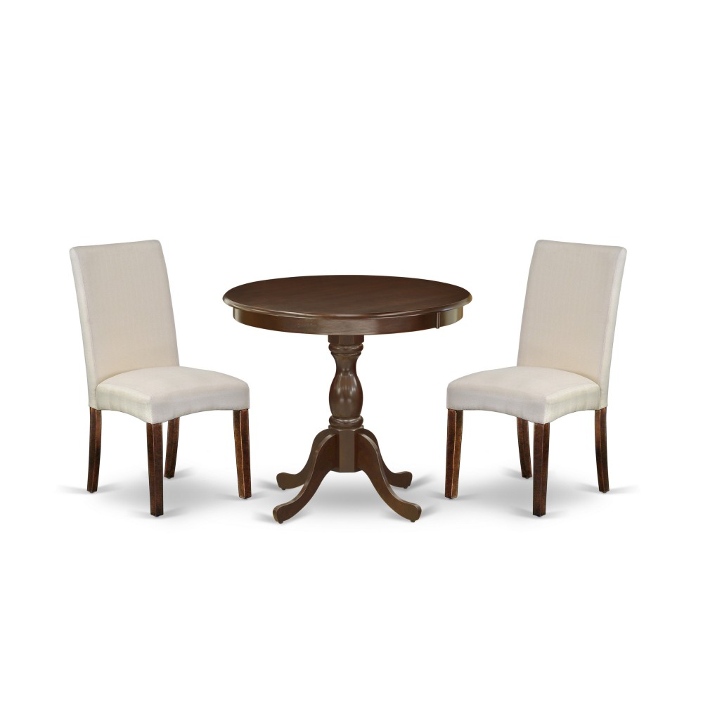 3 Pc Dining Set, 1 Wooden Table, 2 Cream Padded Chair, High Back, Mahogany Finish