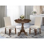 3 Pc Dining Set, 1 Wooden Table, 2 Cream Padded Chair, High Back, Mahogany Finish