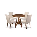 5Pc Round 36" Table And 4 Parson Chair, Mahoganyleg And Fabric- Cream Color