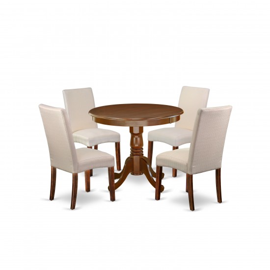 5Pc Round 36" Table And 4 Parson Chair, Mahoganyleg And Fabric- Cream Color