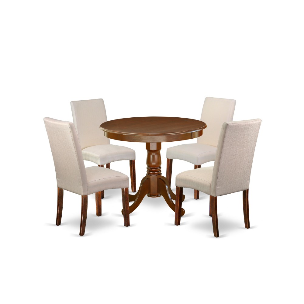 5Pc Round 36" Table And 4 Parson Chair, Mahoganyleg And Fabric- Cream Color 5Pc Round 36" Table And 4 Parson Chair, Mahoganyleg And Fabric- Cream Color