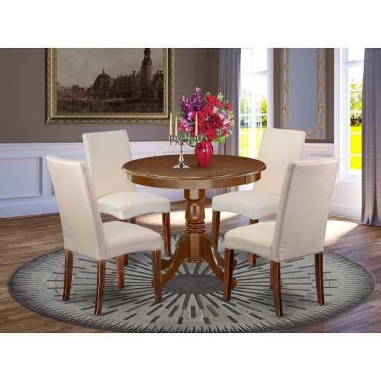 5Pc Round 36" Table And 4 Parson Chair, Mahoganyleg And Fabric- Cream Color