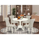 5Pc Small Dining Set- 4 Parsons Chairs, Round Table Solid Wood Structure -Back & Linen White Finish