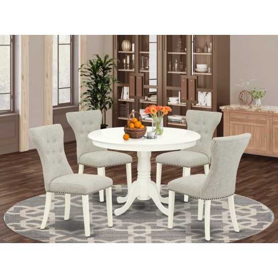 5Pc Small Dining Set- 4 Parsons Chairs, Round Table Solid Wood Structure -Back & Linen White Finish