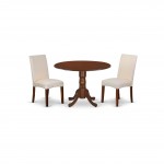 3Pc Round 42" Dining Table, Two 9-Inch Drop Leaves, Two Chair, Mahogany Leg, Cream