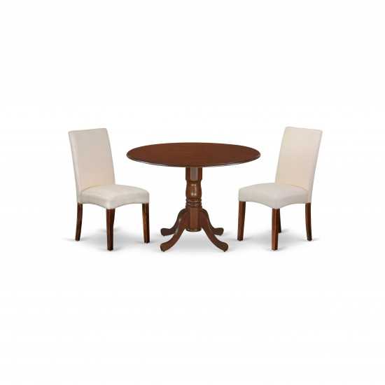 3Pc Round 42" Dining Table, Two 9-Inch Drop Leaves, Two Chair, Mahogany Leg, Cream