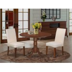 3Pc Round 42" Dining Table, Two 9-Inch Drop Leaves, Two Chair, Mahogany Leg, Cream