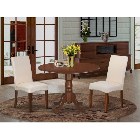 3Pc Round 42" Dining Table, Two 9-Inch Drop Leaves, Two Chair, Mahogany Leg, Cream