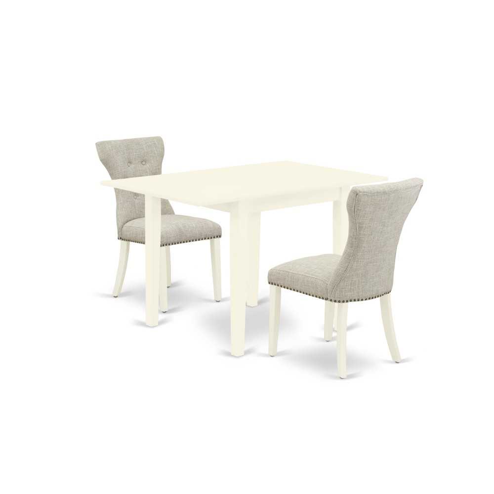 3Pc Drop Leaves Dining Set, Kitchen Table, 2 Chairs, Doeskin Parson Chairs Seat, Rubber Wood Legs, Linen White