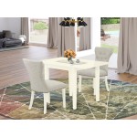 3Pc Drop Leaves Dining Set, Kitchen Table, 2 Chairs, Doeskin Parson Chairs Seat, Rubber Wood Legs, Linen White