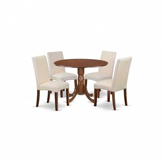 5Pc Round 42" Kitchen Table, Two 9-Inch Drop Leaves, Four Chair, Mahogany Leg, Cream