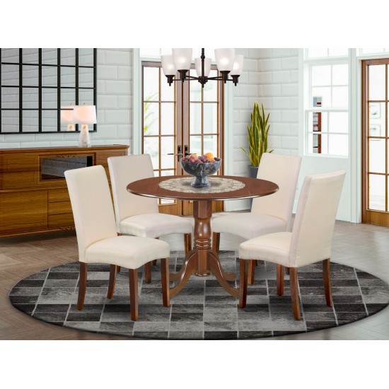 5Pc Round 42" Kitchen Table, Two 9-Inch Drop Leaves, Four Chair, Mahogany Leg, Cream