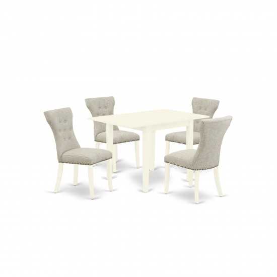 5Pc Kitchen Set- 4 Parson Chairs, 2 Drop Leaf Table Hardwood Frame -Button Tufted Back & Linen White Finish