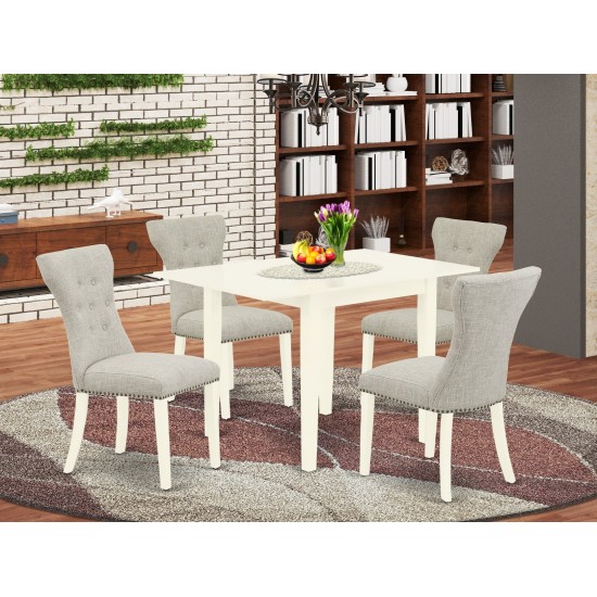 5Pc Kitchen Set- 4 Parson Chairs, 2 Drop Leaf Table Hardwood Frame -Button Tufted Back & Linen White Finish