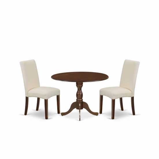 3Pc Wooden Dining Set, 1 Drop Leaves Table, 2 Cream Upholstered Chairs, High Back, Mahogany Finish