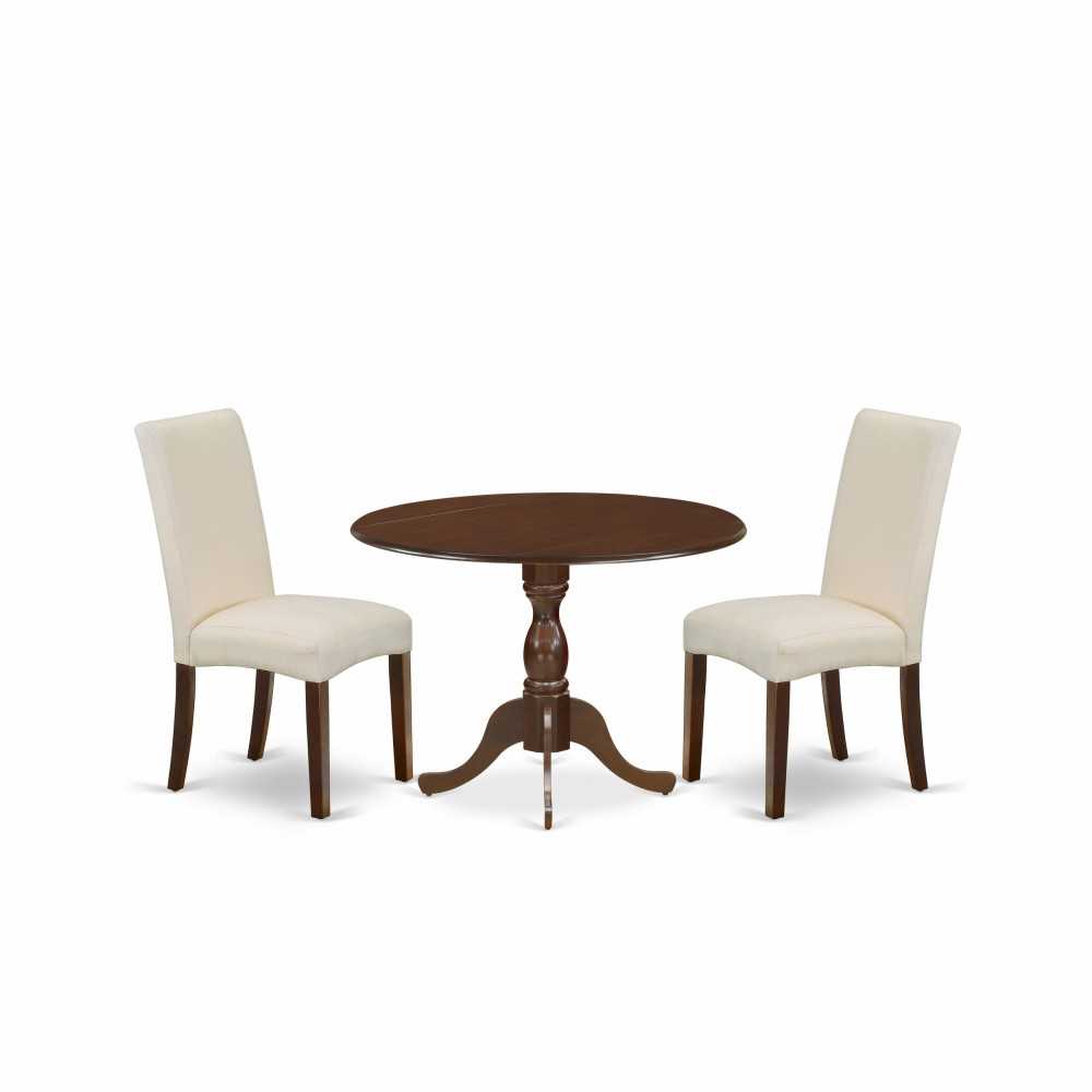 3Pc Wooden Dining Set, 1 Drop Leaves Table, 2 Cream Upholstered Chairs, High Back, Mahogany Finish 3Pc Wooden Dining Set, 1 Drop Leaves Table, 2 Cream Upholstered Chairs, High Back, Mahogany Finish