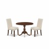 3Pc Wooden Dining Set, 1 Drop Leaves Table, 2 Cream Upholstered Chairs, High Back, Mahogany Finish