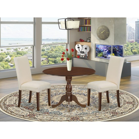 3Pc Wooden Dining Set, 1 Drop Leaves Table, 2 Cream Upholstered Chairs, High Back, Mahogany Finish