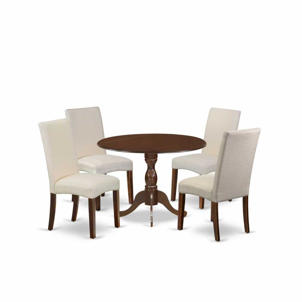 5 Pc Dining Set, 1 Drop Leaves Dining Table, 4 Cream Chairs, Mahogany Finish