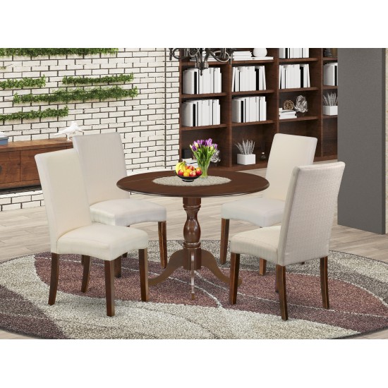 5 Pc Dining Set, 1 Drop Leaves Dining Table, 4 Cream Chairs, Mahogany Finish