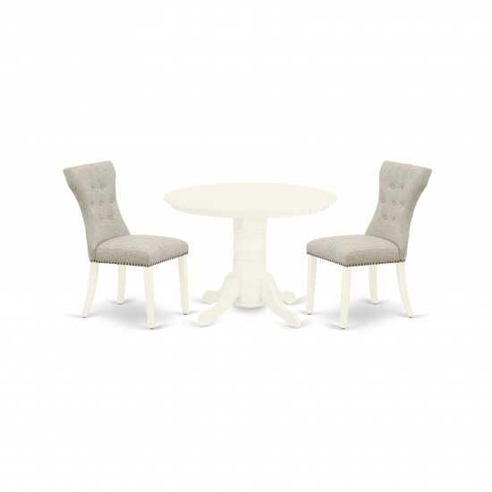 3Pc Kitchen Set, Round Dinner Table, 2 Parson Chairs, Doeskin Dining Chairs Seat, Rubber Wood Legs, Linen White