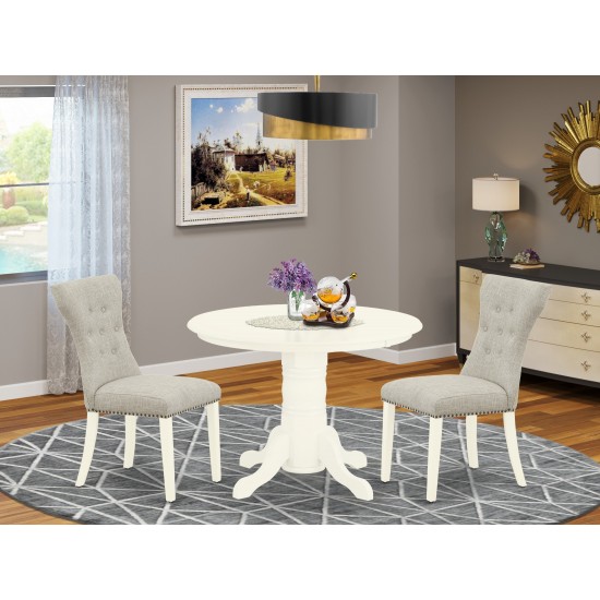 3Pc Kitchen Set, Round Dinner Table, 2 Parson Chairs, Doeskin Dining Chairs Seat, Rubber Wood Legs, Linen White