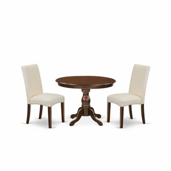 3 Pc Dining Set, Mahogany Round Table, 2 Cream Chairs, High Back, Mahogany Finish