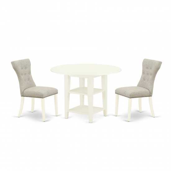 3Pc Dining Set, Pedestal Table, Two Shelves, 2 Parson Chairs, Doeskin Upholstered Chairs Seat, Linen White