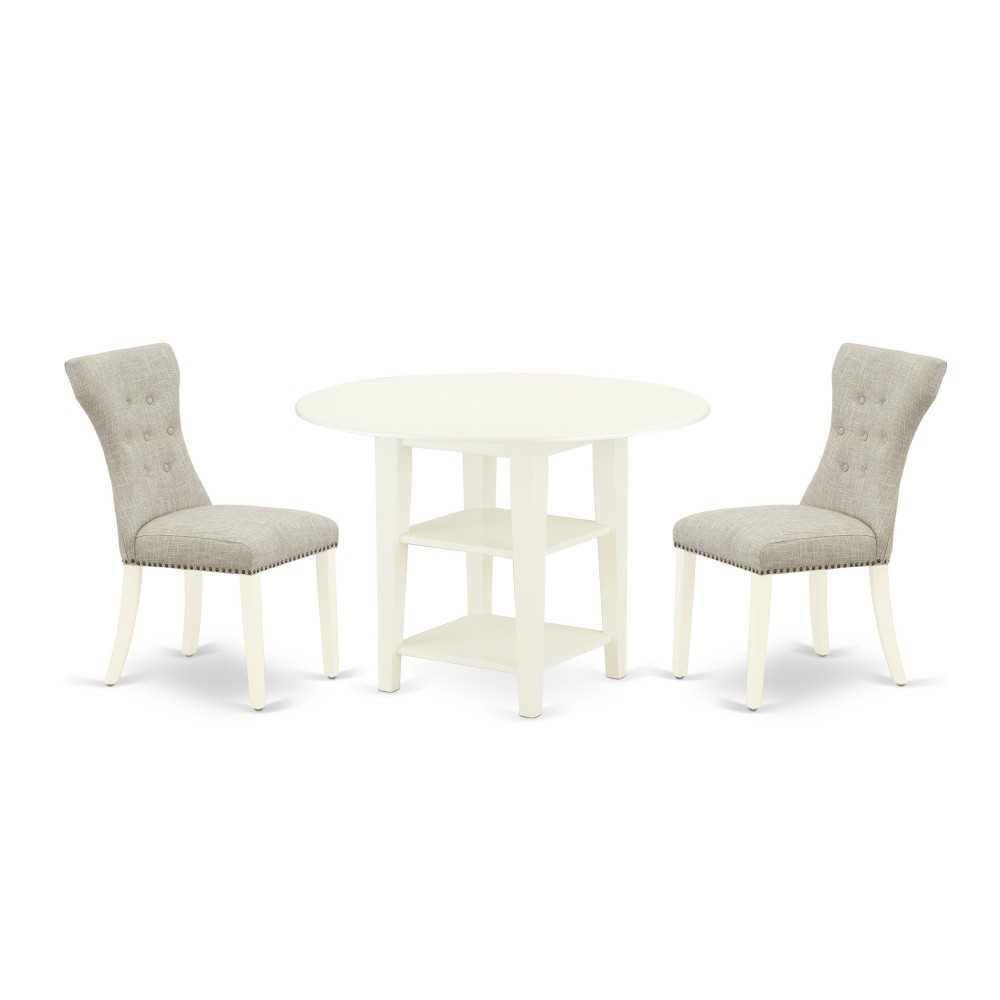 3Pc Dining Set, Pedestal Table, Two Shelves, 2 Parson Chairs, Doeskin Upholstered Chairs Seat, Linen White 3Pc Dining Set, Pedestal Table, Two Shelves, 2 Parson Chairs, Doeskin Upholstered Chairs Seat, Linen White