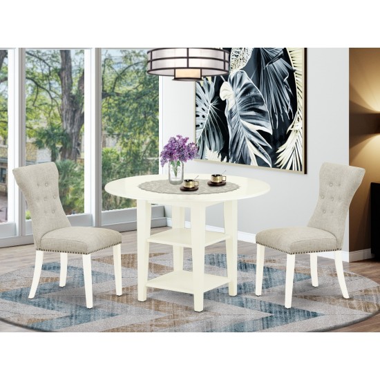 3Pc Dining Set, Pedestal Table, Two Shelves, 2 Parson Chairs, Doeskin Upholstered Chairs Seat, Linen White