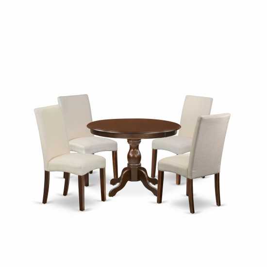 5 Pc Dinette Set, Mahogany Dining Table, 4 Cream Comfortable Chairs, High Back, Mahogany Finish