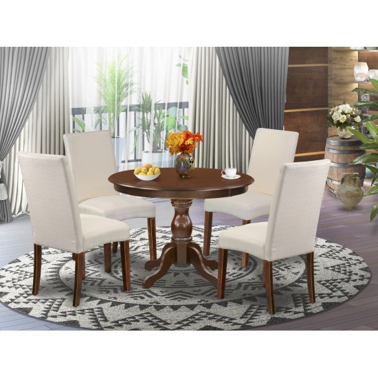 5 Pc Dinette Set, Mahogany Dining Table, 4 Cream Comfortable Chairs, High Back, Mahogany Finish