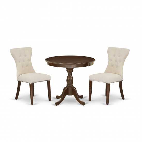 3 Pc Dining Set, 1 Table, 2 Light Beige Chair Button Tufted Back, Nail Heads, Mahogany Finish