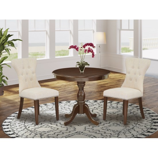 3 Pc Dining Set, 1 Table, 2 Light Beige Chair Button Tufted Back, Nail Heads, Mahogany Finish