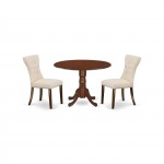 3Pc Dining Set, Round Table, 2 Parson Chairs, Light Beige Chairs Seat, Rubber Wood Legs, Mahogany