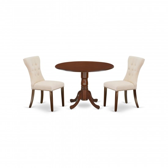 3Pc Dining Set, Round Table, 2 Parson Chairs, Light Beige Chairs Seat, Rubber Wood Legs, Mahogany