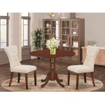 3Pc Dining Set, Round Table, 2 Parson Chairs, Light Beige Chairs Seat, Rubber Wood Legs, Mahogany