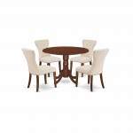 5Pc Dining Set, Round Table, 4 Parson Chairs, Light Beige Chairs Seat, Rubber Wood Legs, Mahogany