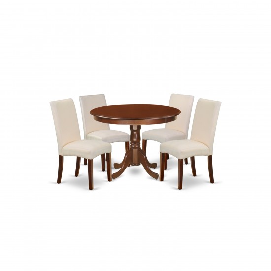 5Pc Round 42" Dinette Table, Four Parson Chair, Mahogany Finish Leg