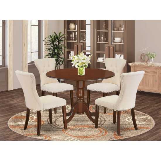 5Pc Dining Set, Round Table, 4 Parson Chairs, Light Beige Chairs Seat, Rubber Wood Legs, Mahogany