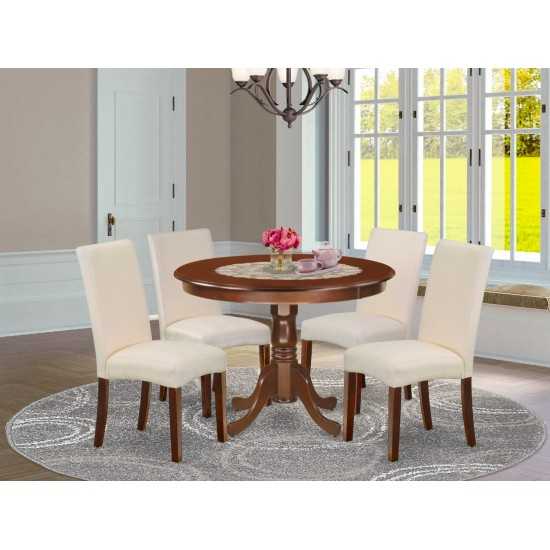 5Pc Round 42" Dinette Table, Four Parson Chair, Mahogany Finish Leg