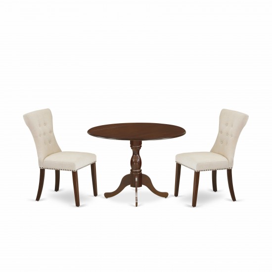 3Pc Dining Set, Mahogany Table, 2 Light Tan Upholstered Dining Chairs Back