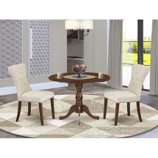 3Pc Dining Set, Mahogany Table, 2 Light Tan Upholstered Dining Chairs Back