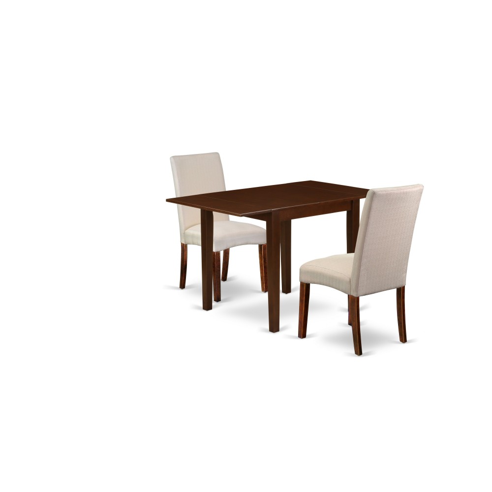 Dinette Set 3 Pcs 2 Parson Dining Chairs, Table Mahogany Finish Solid Wood Cream Color