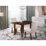 Dinette Set 3 Pcs 2 Parson Dining Chairs, Table Mahogany Finish Solid Wood Cream Color