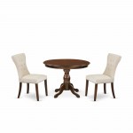 3Pc Kitchen Set, Mahogany Round Dining Table, 2 Light Beige Dining Chairs Back, Nail Heads, Mahogany Finish